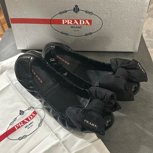 Prada Shoes - Prada patent leather puffer bow flats size 38 box and dust bag